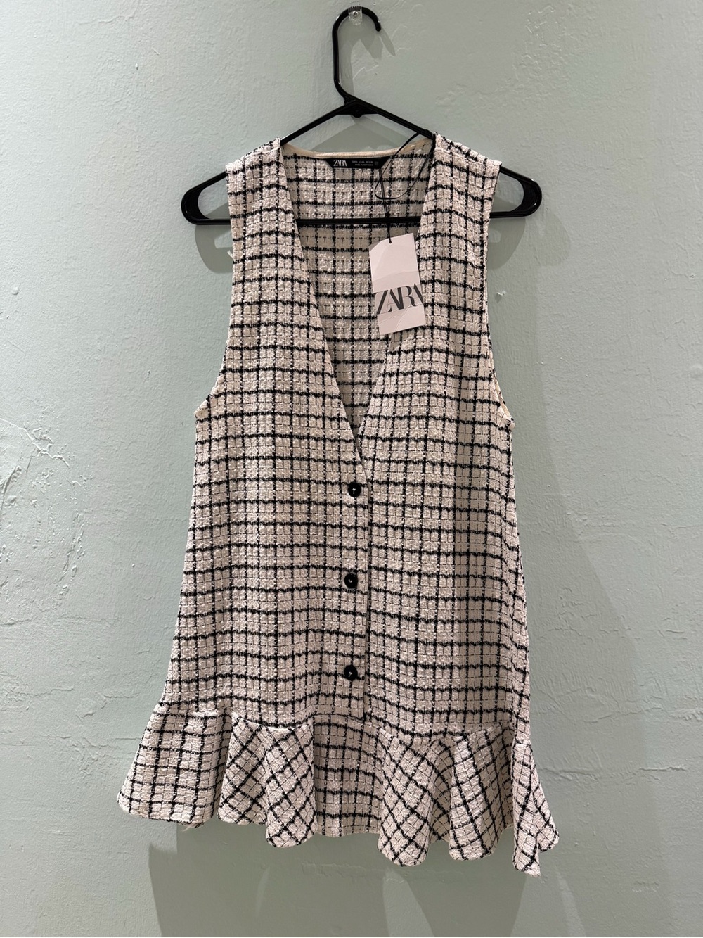 Zara Black and White Checked Sleeveless Ruffle-Hem Dress